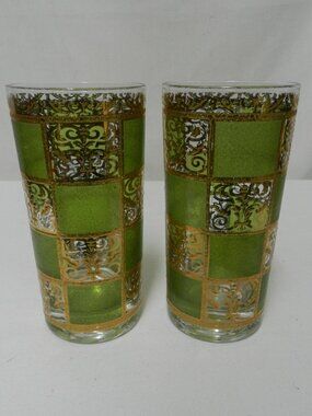 Culver Prado Gold w/ Green tall tumbler water glass Set 2 Vintage 1960's 5.7" T